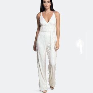 Dress the Population Iridescent Sequined White V-Neck Jumpsuit